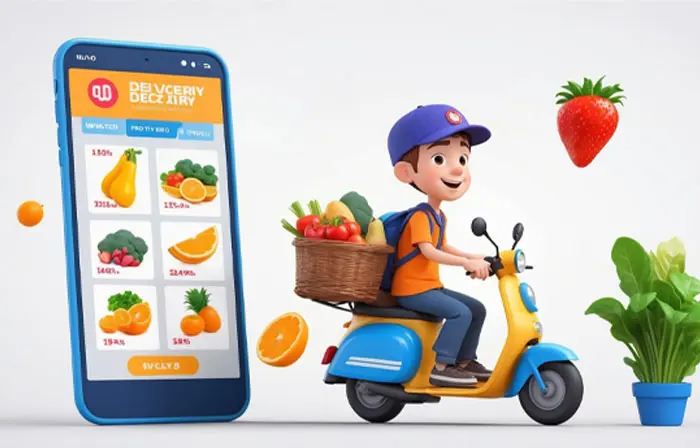 Food Delivery Boy on Bike 3D Character Illustration image